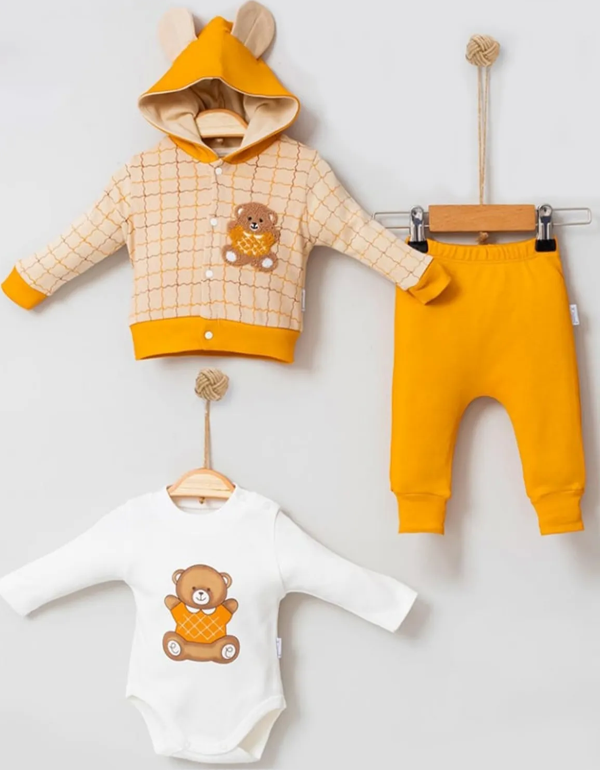 3-9 Ay Bear Çizgili Hırkalı 3'lü Bebek Alt&Üst Takımı Sarı - Image 1
