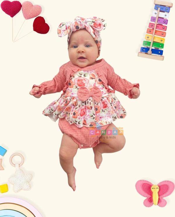 3-12 Ay Kız Bebek Romper Bahar Çiçekleri Bandanalı Gül Kurusu - Image 1