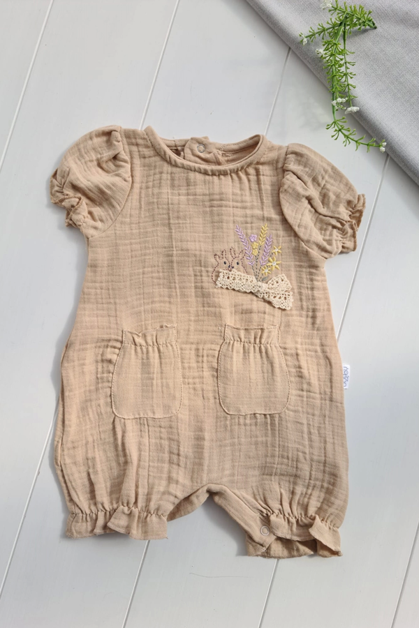 3-18 Ay Kız Bebek Tulum Müslin Kumaş Çiçek Kahverengi - Image 1