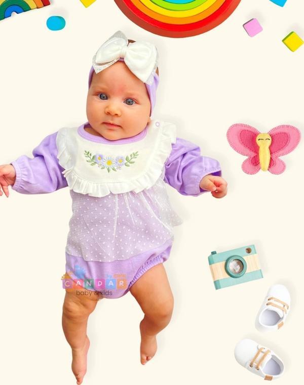 3-12 Ay Çiçek Nakışlı Tüllü Bandanalı Kız Bebek Romper Lila - Image 1