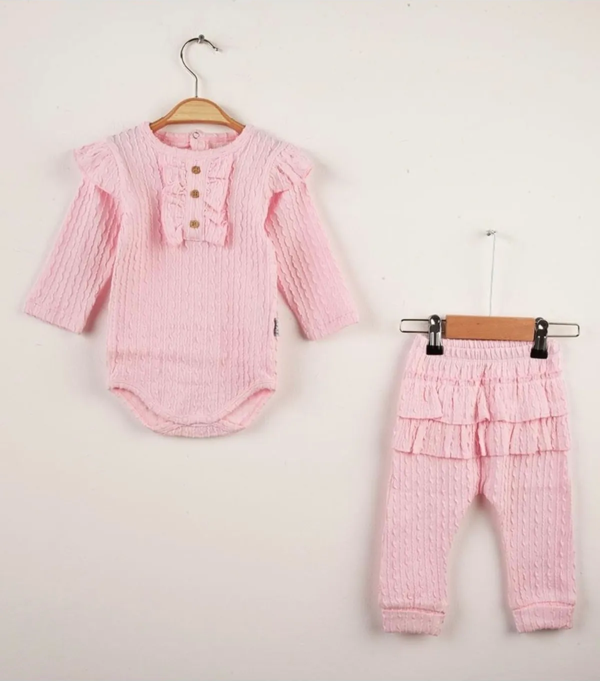 3-9 Ay Kız Bebek Takımı Büzgü Detay Fırfırlı 2'li Pembe - Image 1