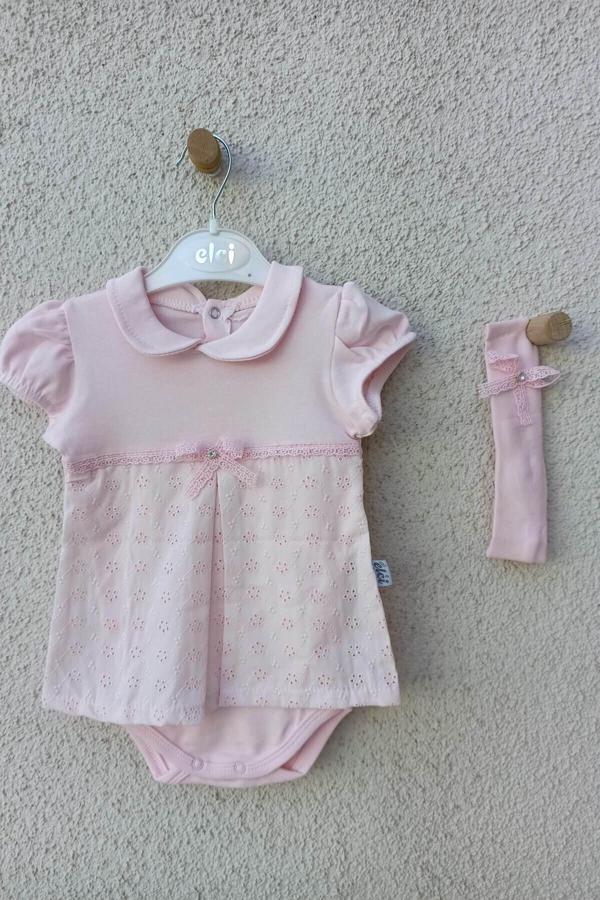 3-9 Ay Bebek Yaka Çiçek İşlemeli Bandanalı Badi Pembe - Image 1