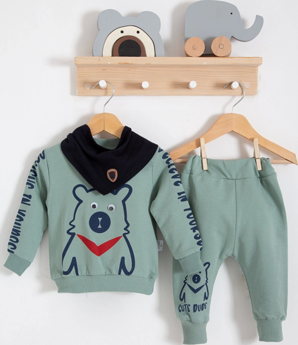 3-18 Ay Erkek Bebek Takımı Oynar Gözlü Fularlı 3'lü Yeşil - Image 1