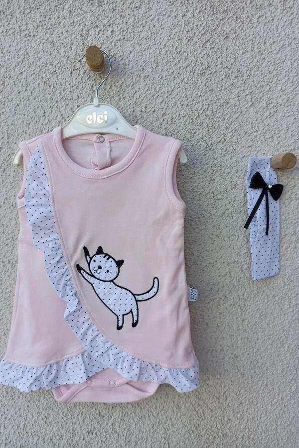 3-9 Ay Kız Bebek Badi Kedili Fırfırlı Bandanalı Pembe - Image 1