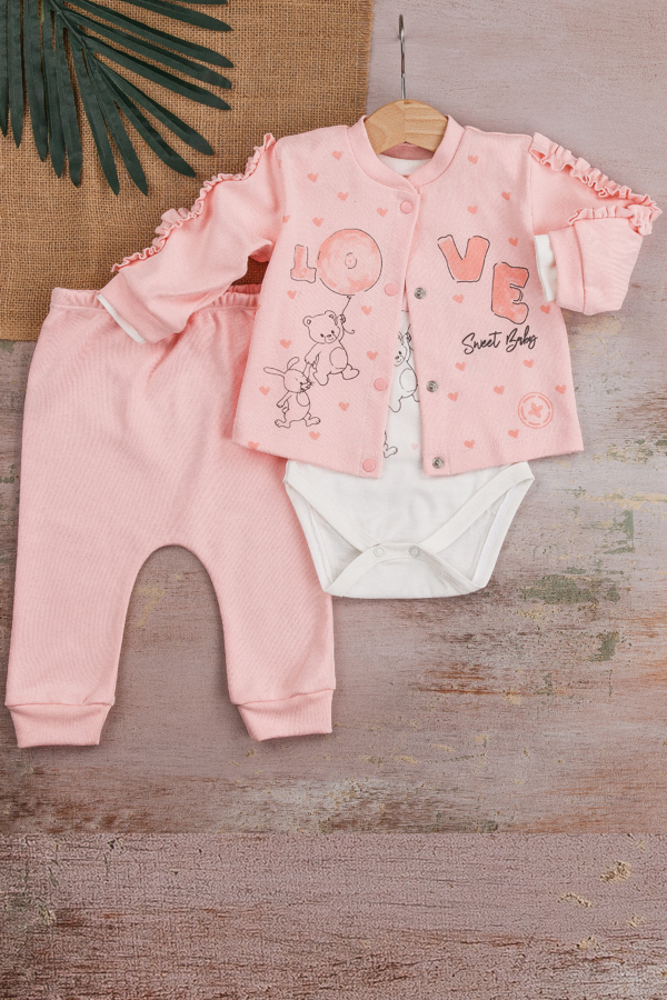 3-9 Ay Hırkalı Kız Bebek Takımı Love Tavşan Fırfır 3'lü Pembe - Image 1