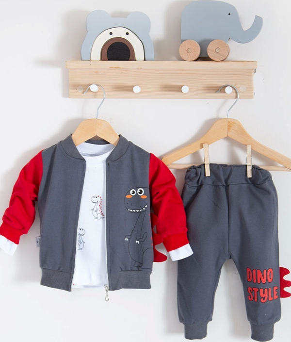 3-18 Ay Erkek Bebek Takımı Dinazor Hırkalı 3'lü Kırmızı - Image 1