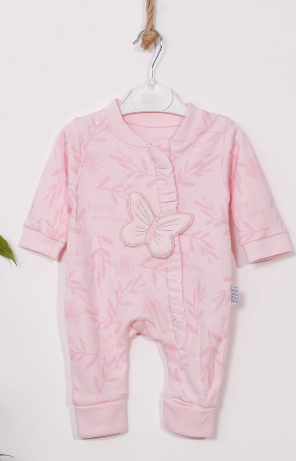 3-9 Ay Kız Bebek Tulumu Kelebek Nakışlı Ayaklı Pembe - Image 1