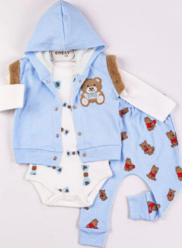 3-9 Ay Erkek Bebek Takımı Bear Nakışlı Yelekli 3'lü Mavi - Image 1