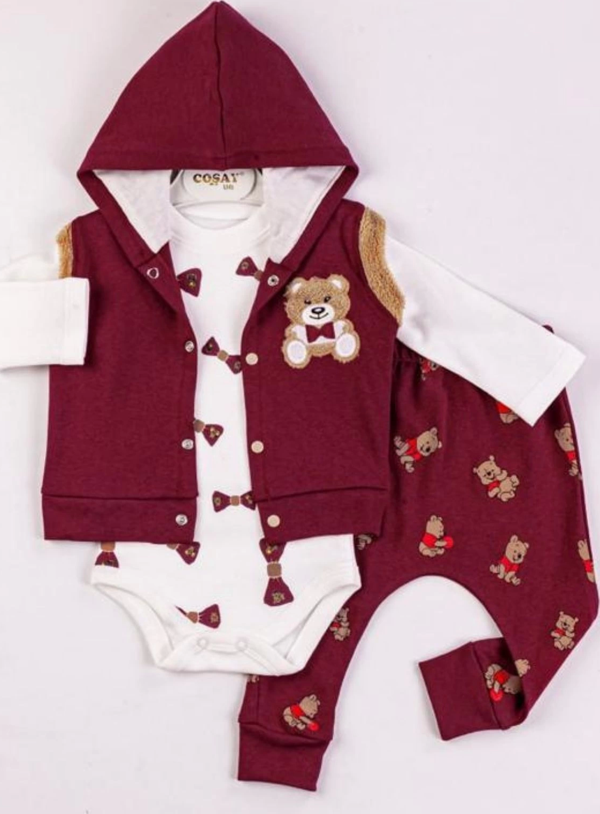 3-9 Ay Erkek Bebek Takımı Bear Nakışlı Yelekli 3'lü Bordo - Image 1