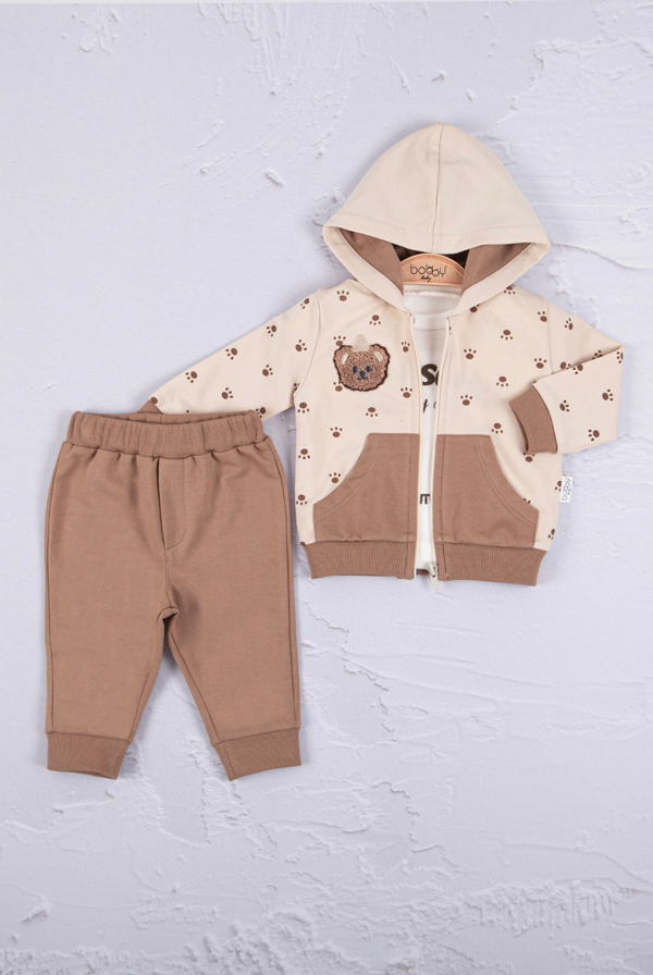 3-18 Ay Erkek Bebek Takımı Persona Bear Nakışlı 3'li Krem - Image 1