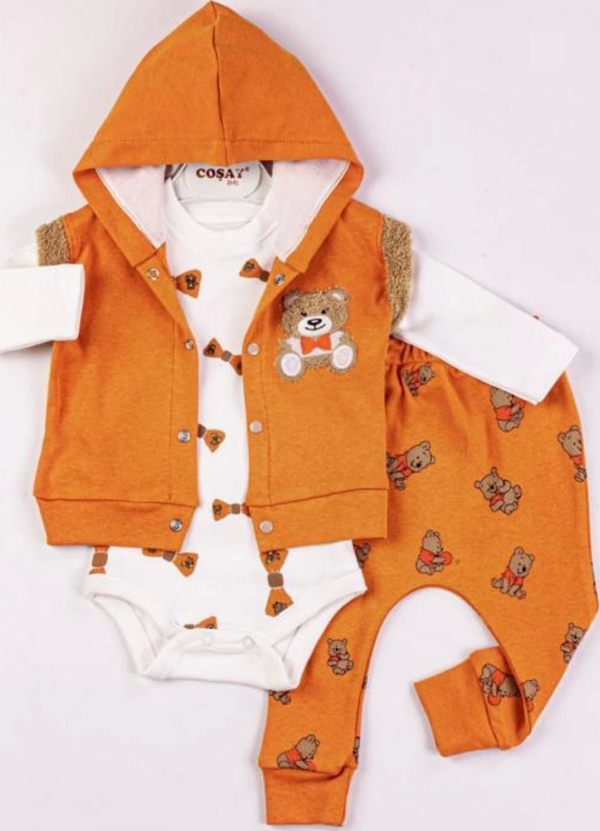 3-9 Ay Erkek Bebek Takımı Bear Nakışlı Yelekli 3'lü Turuncu - Image 1