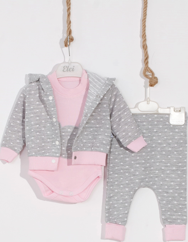 3-6 Ay Kız Bebek Takımı Bear Nakışlı Puanlı 2'li Pembe - Image 1