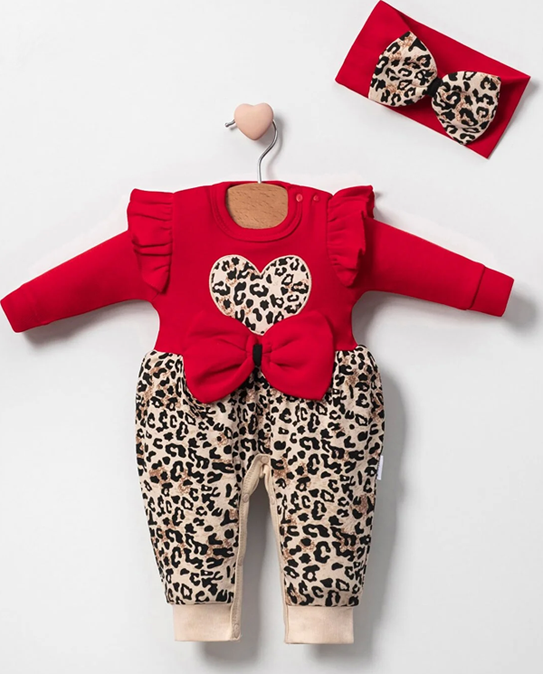 3-9 Ay Kız Bebek Tulum Leopar Desen Fırfır ve Fiyonklu Kırmızı - Image 1