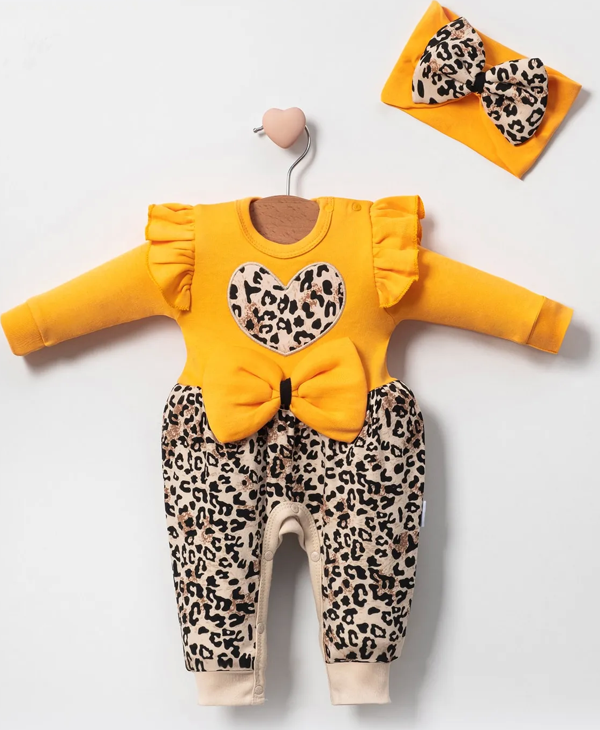 3-9 Ay Kız Bebek Tulum Leopar Fiyonklu Sarı - Image 1