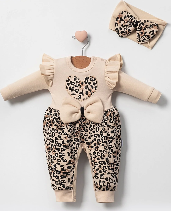 3-9 Ay Kız Bebek Tulum Leopar Fiyonklu Krem - Image 1