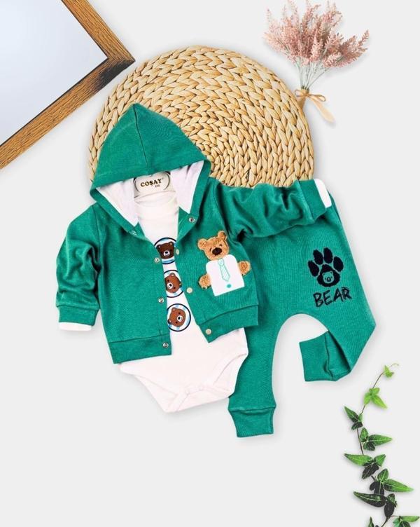 Yeni Doğan 3-6 Ay Erkek Bebek Takımı Bear Nakışlı Kapişonlu Yeşil - Image 1