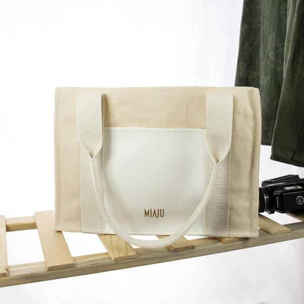 Miaju Deri Cepli Kanvas Tote Bag, Orta Boy Krem-Beyaz Kadın Kol Ve Omuz Çantası, 35X25 Cm, Ön Ve İç Cepli - Image 1