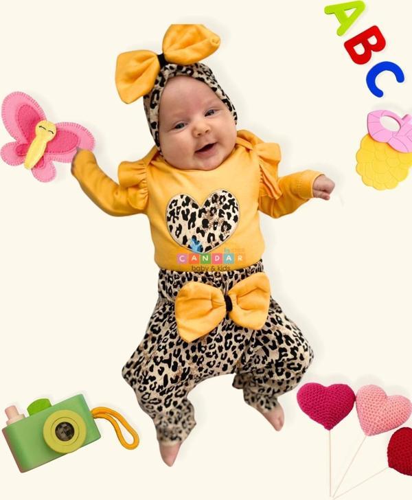 3-18 Ay Kız Bebek Alt&Üst Takımı Fiyonklu Leopar Sarı - Image 1