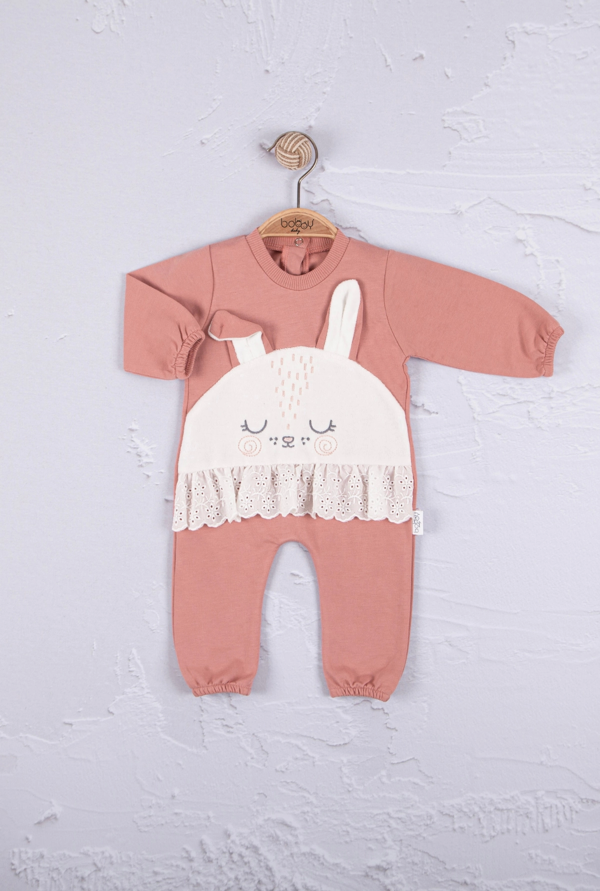 3-12 Ay Kız Bebek Tulum Tavşan Nakışlı Güpürlü Pembe - Image 1