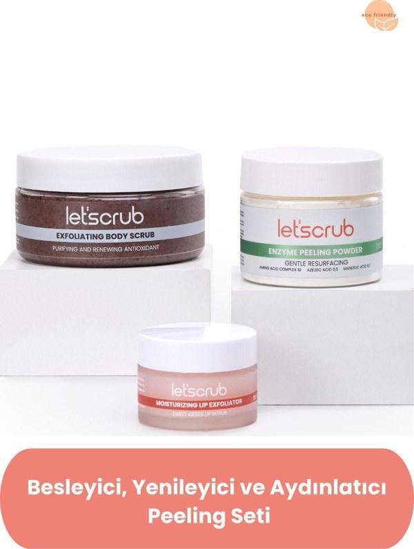 Let'Scrub Besleyici, Yenileyici Ve Aydınlatıcı Peeling Seti - Body Scrub, Enzyme Peeling Powder, Lip Scrub - Image 1