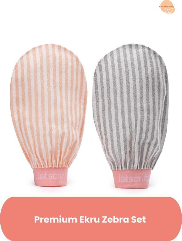 Let'Scrub Premium Ekru Zebra Set Banyo Ve Duş Kesesi Peeling Eldiveni Unisex Normal Ciltler İçin - Image 1
