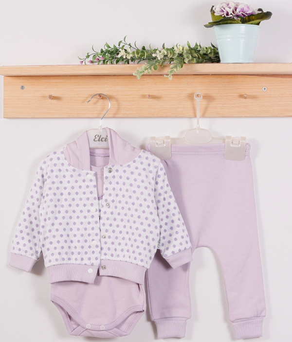 3-9 Ay Kız Bebek Alt&Üst Takımı Puan Kapişonlu 3'lü Lila - Image 1