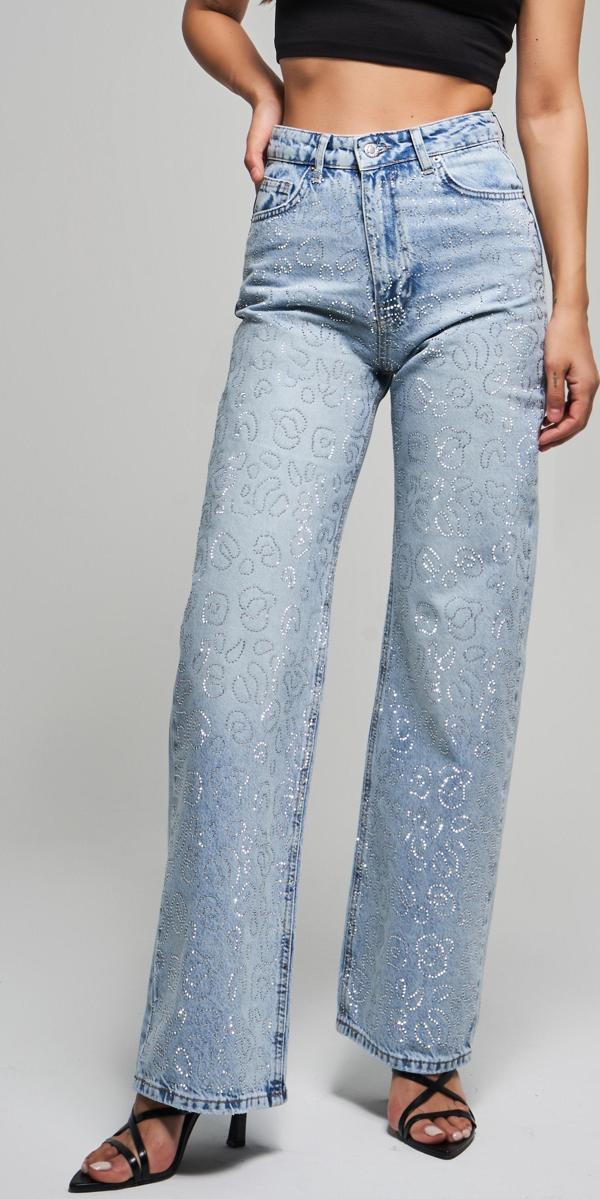 Kadın Snow Kot Rengi T-4S5-3 Straight Fit Yüksek Bel %100 Koton Parlak Taşlı Tasarım Denim - Image 1