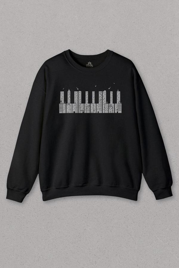 Siyah Sweatshirt Piano Skyline Piyano Yukarıdaki Tehlike Baskılı Unisex Sweat - Image 1