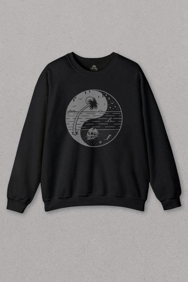 Unisex Siyah Sweatshirt Ying Yang Doğa Günü Çevre Kirliliği Ölüm Skull Baskılı Sweat - Image 1
