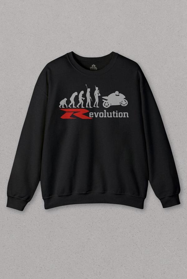 Unisex Siyah Sweatshirt Evolution Human Evrim Motosiklet Baskılı Sweat - Image 1