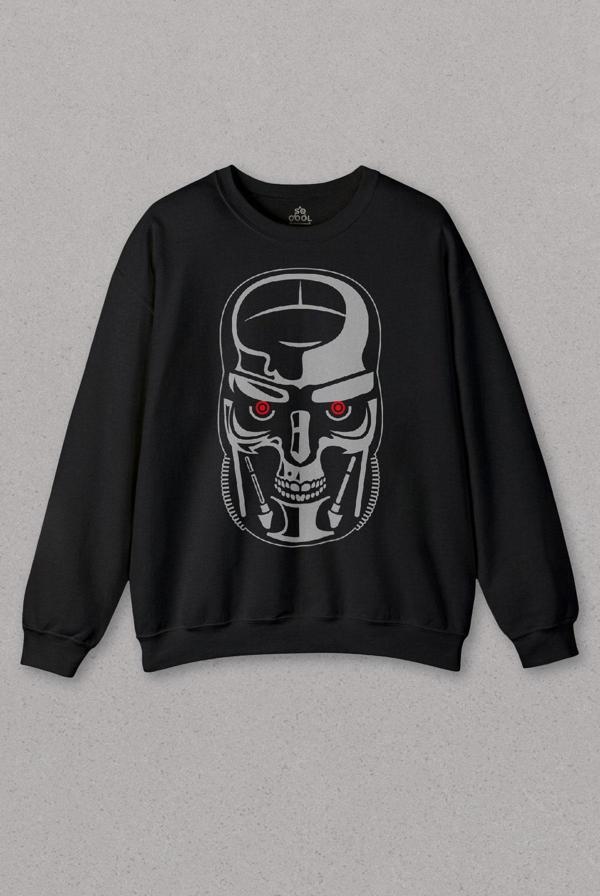 Unisex Siyah Sweatshirt Terminator Genesys Robot Skull Face Machine Baskılı Sweat - Image 1
