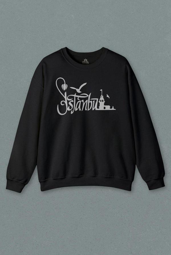 Unisex Siyah Sweatshirt İstanbul Silüet Tasarım Martı Tipografik Baskılı Sweat - Image 1