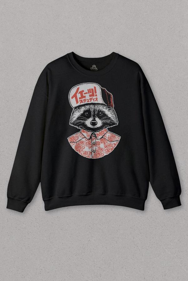 Unisex Sweatshirt Raccoon Gömlekli Rakun Silüeti Baskılı Sweat - Image 1