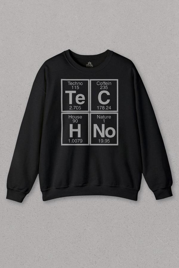 Unisex Siyah Sweatshirt Techno Festival Music House Periyodik Tablo Baskılı Sweat - Image 1