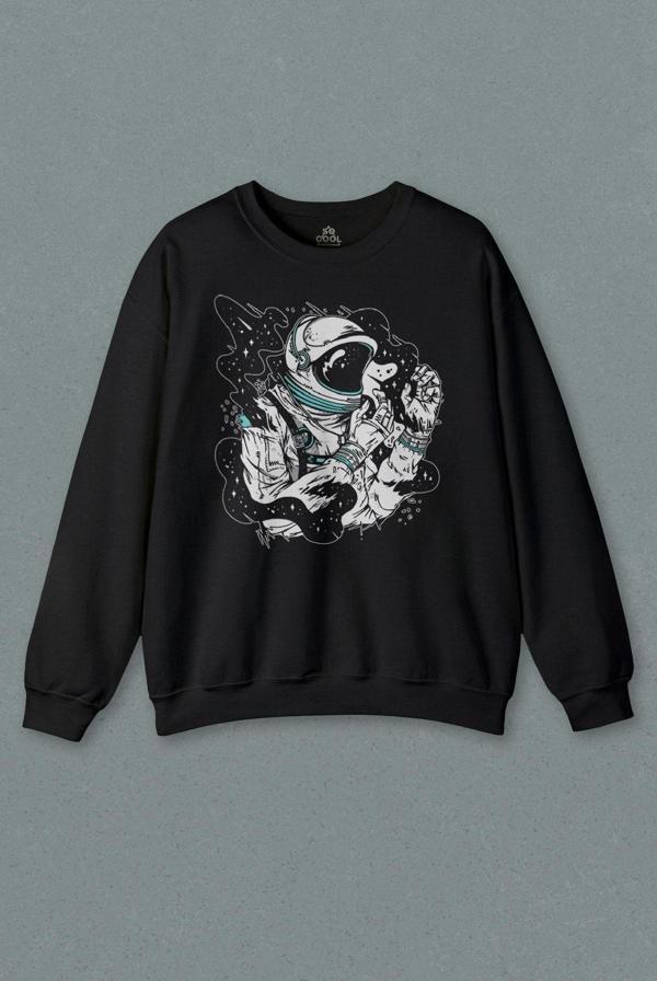 Siyah Sweatshirt Astronot Uzay Space Cosmos Galaksi Gezegen Bilim Science Baskılı Sweat - Image 1
