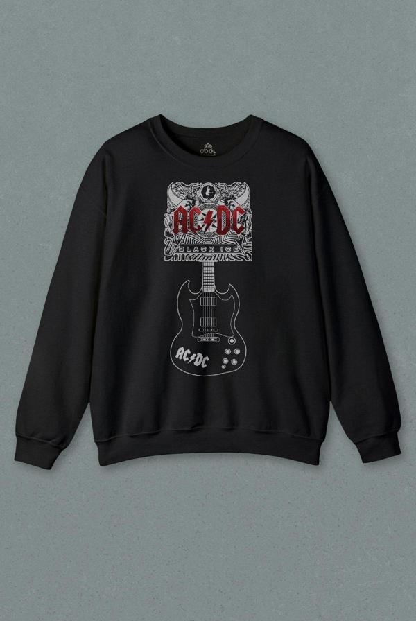 Unisex Siyah Sweatshirt Ac Dc Black Ice Guitar Gitar Rock Music Baskılı Sweat - Image 1