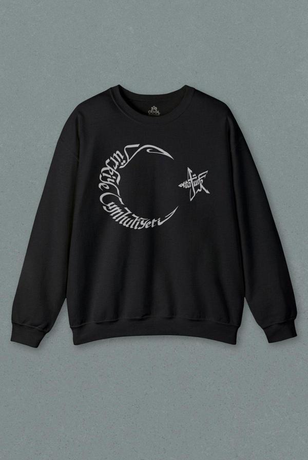 Unisex Siyah Sweatshirt Atatürk Tc Türk Bayrağı Osmanlıca Hat Baskılı Sweat - Image 1