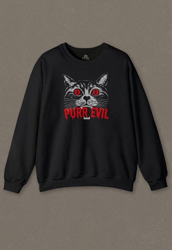 Siyah Sweatshirt Black Cat Purr Evil Kara Kedi Unisex Baskılı Sweat - Image 1
