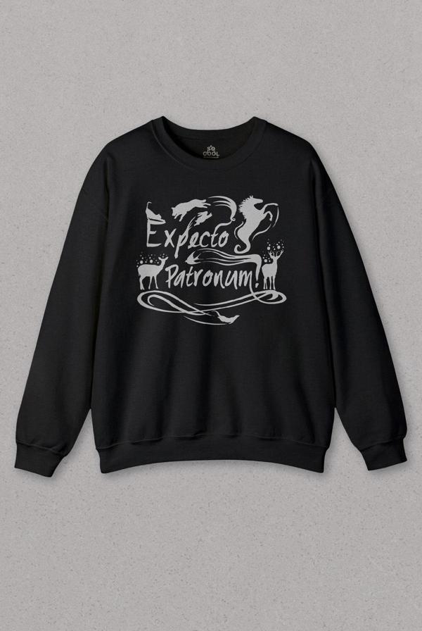 Unisex Siyah Sweatshirt Harry Geyik Expecto Patronum Film Baskılı Sweat PSW01S-1790 - Image 1
