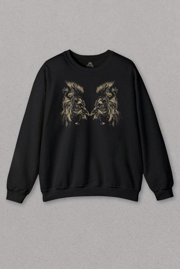 Unisex Sweatshirt Karşılıklı Kükreyen Aslan Kafaları Lion Head Baskılı Sweat - Image 1