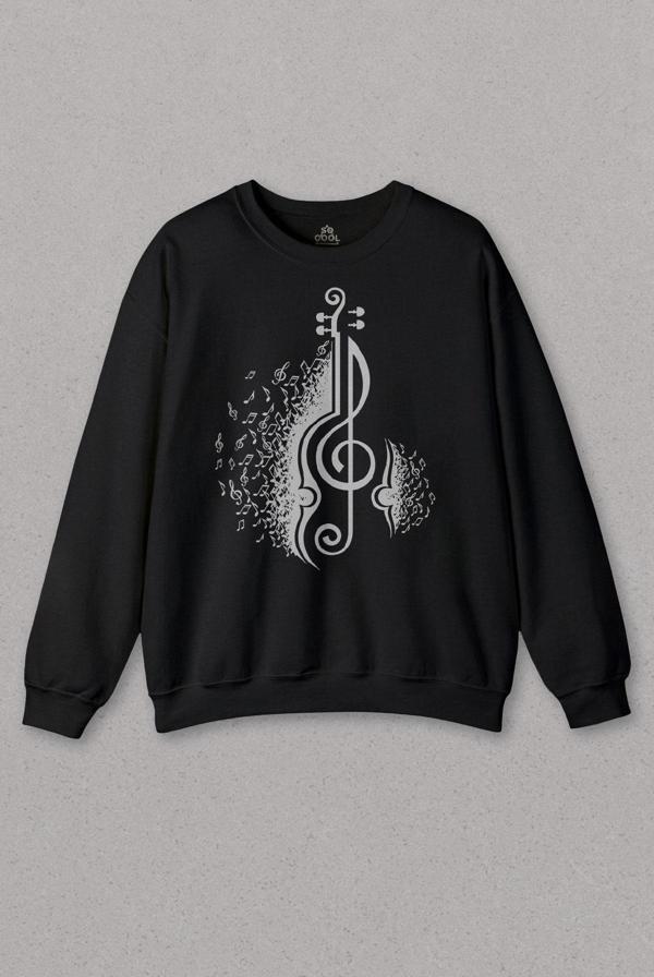 Unisex Siyah Sweatshirt Sol Anahtarı Gitar Guitar Saz Rock Caz Müzik Baskılı Sweat - Image 1