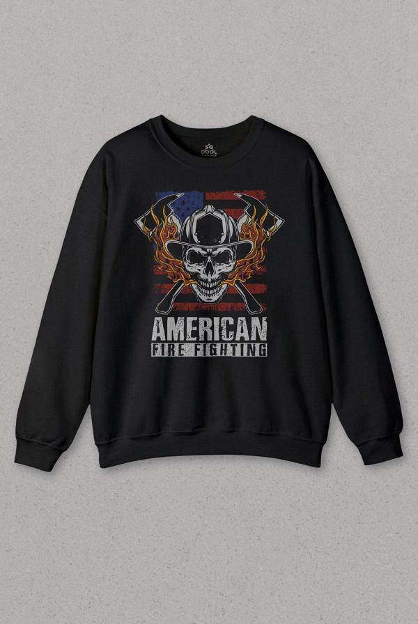Unisex Sweatshirt American Fire Fighter Skull Korsan Çekiç KafAli Baskılı Sweat - Image 1