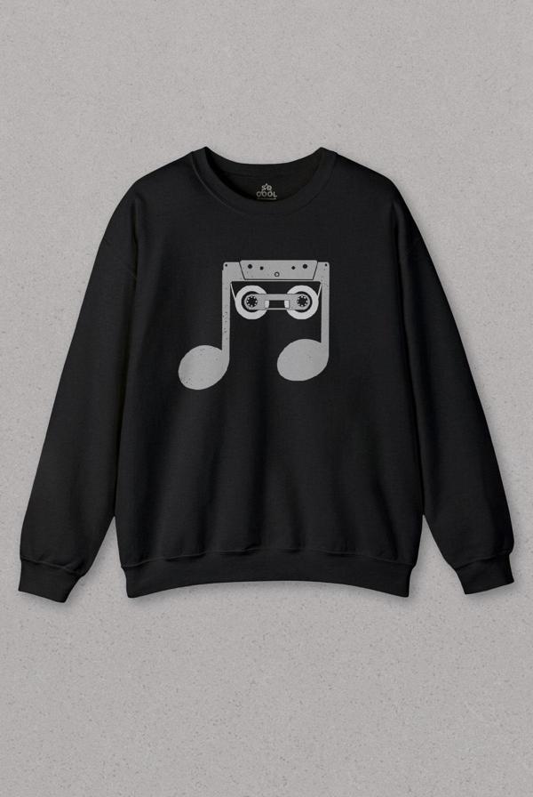Siyah Sweatshirt Nostalji Kaset Kalem Müzik Nota Sol Anahtarı Baskılı Unisex Sweat - Image 1