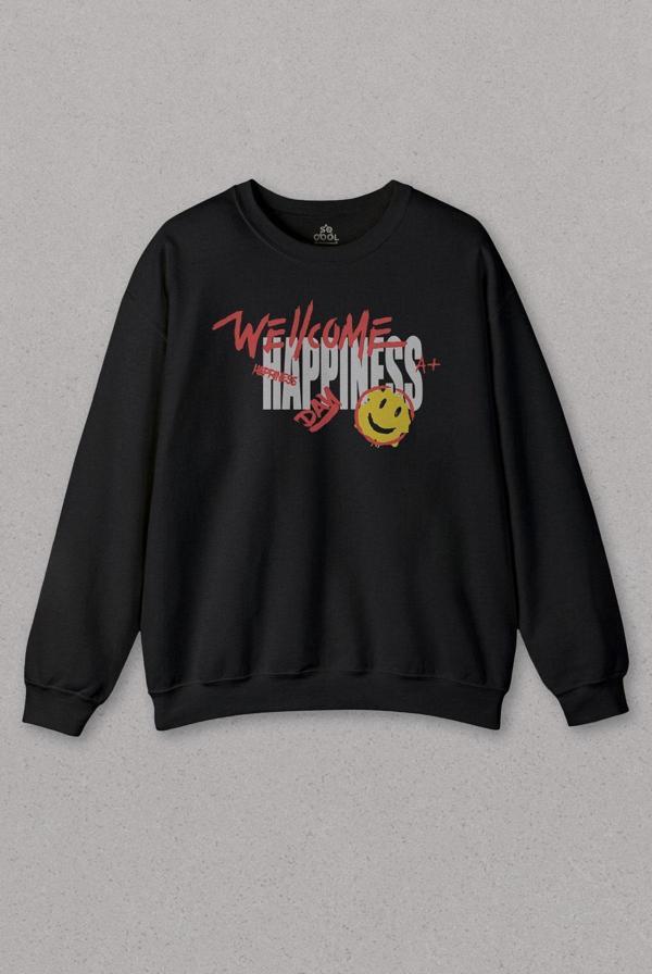 Unisex Sweatshirt Good Vibe Happines Mutlu Smile Eğlenceli Baskılı Sweat - Image 1