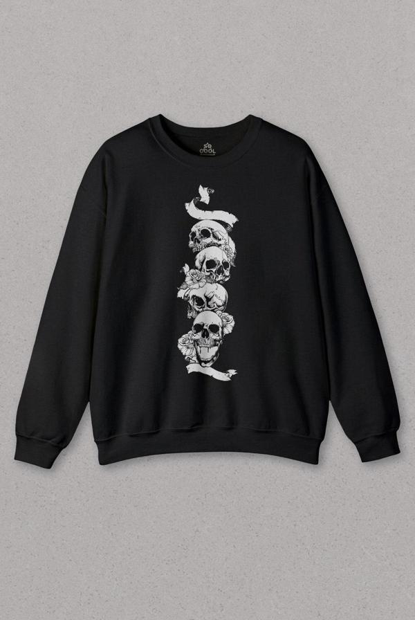 Siyah Sweatshirt Kuru Kafa Gül Skull Tattoo Baskılı Sweat - Image 1