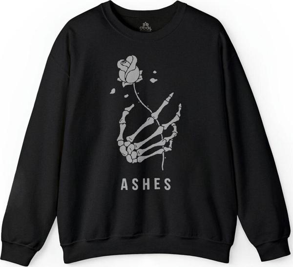 Kuru Kafa Skull Skeleton İskelet Ashes Aşk Gül Baskılı Sweatshirt - Image 1
