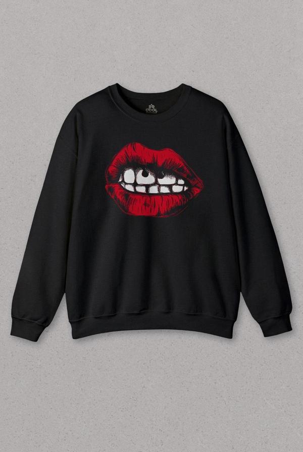 Unisex Sweatshirt Seksi Dudaklar Sexy Piercing Kadın Ağzı Baskılı Sweat - Image 1