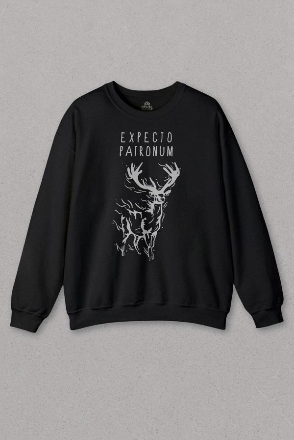 Unisex Siyah Sweatshirt Harry Geyik Expecto Patronum Film Baskılı Sweat PSW01S-1789 - Image 1