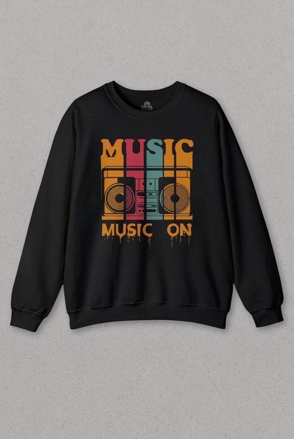 Unisex Sweatshirt Müzik Music On Kaset Teyp Baskılı Sweat - Image 1