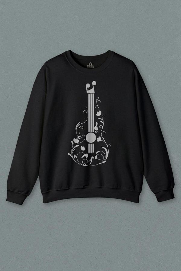 Unisex Siyah Sweatshirt Gitar Çizim Tasarım Nota Müzik Sol Anahtarı Music Baskılı Sweat - Image 1